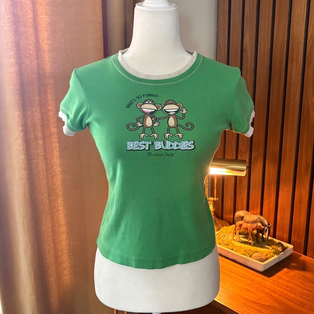Bobby Jack Best Buddies Monkey Graphic Ringer Tee Green Y2K Slim Fit Top